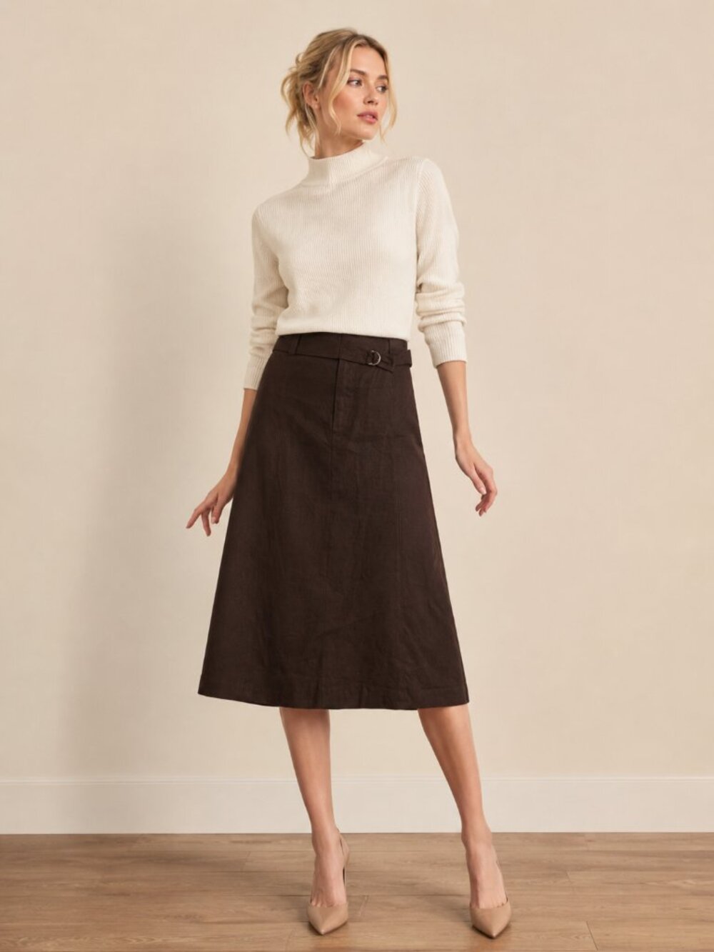 Elie Tahari Faux Suede Belted A-Line Midi Skirt Espresso 10 #A4311